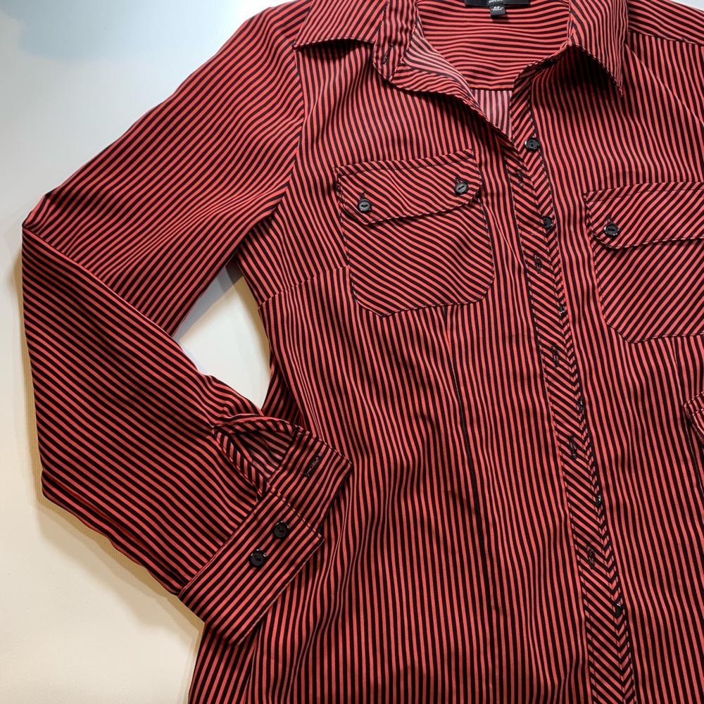Elementz | Stripped Button Down Shirt Petite Black and Red Deep Burnt Orange - Picture 8 of 9